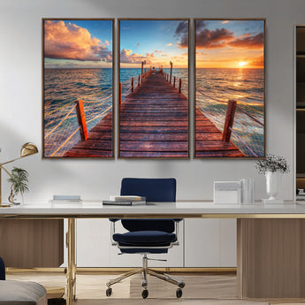 28836-MGV-CV-36X24-Ocean Pier Sunset Wall Art – Wooden Dock and Golden Horizon Canvas Print, Coastal Seascape Photography for Living Room, Bedroom,