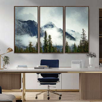 93219-MGV-CV-36X24-Misty Mountain Wall Art – Foggy Pines and Rocky Peaks Canvas Print, Nature Landscape Decor for Living Room, Office or Bedroom