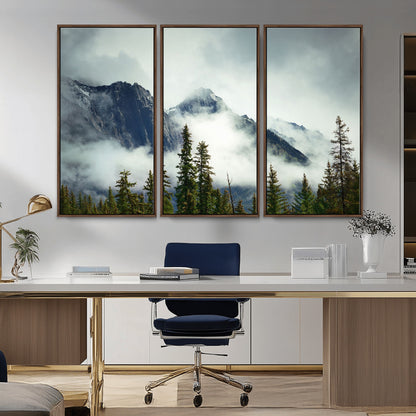 93219-MGV-CV-36X24-Misty Mountain Wall Art – Foggy Pines and Rocky Peaks Canvas Print, Nature Landscape Decor for Living Room, Office or Bedroom