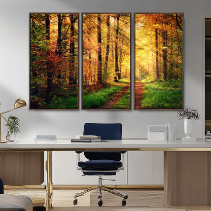 73494-MGV-CV-36X24-Golden Autumn Forest Path Wall Art – Sunlit Woodland Canvas Print, Fall Nature Landscape Home Decoration