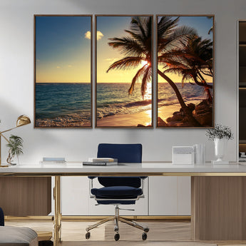 82710-MGV-CV-36X24-Palm Tree Sunset Beach Wall Art – Tropical Ocean Canvas Print, Coastal Paradise Seascape Decor for Living Room or Office Wall