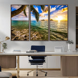 68606-MGV-FC-48X32-3P_Walnut-Tropical Palm Tree Ocean Wall Art – Sunset Beach Seascape Print, Coastal Paradise Decor for Living Room or Office