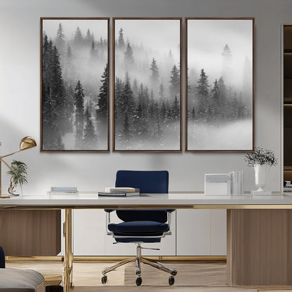 57235-MGV-CV-36X24-Misty Pine Forest Wall Art – Black and White Mountain Landscape Canvas Print, Nature Woodland Decor for Living Room, Bedroom or