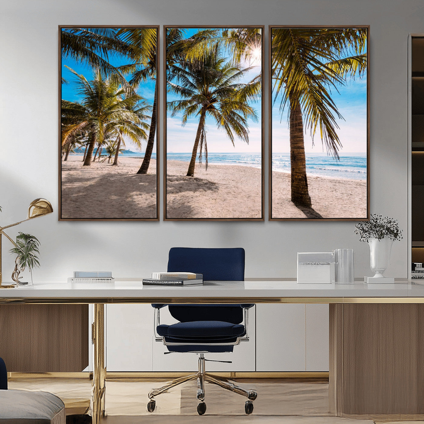 98175-MGV-FC-48X32-3P_Walnut-Tropical Palm Beach Wall Art – Relaxing Ocean Shore Canvas Print with Palm Trees, Coastal Summer Decor for Living Room, Bedroom or