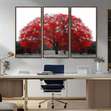 80021-MGV-CV-36X24-Red Tree Wall Art – Striking Black and White Landscape Canvas Print with Vibrant Red Leaves, Modern Nature Decor for Living Room