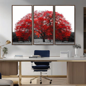 80021-MGV-CV-36X24-Red Tree Wall Art – Striking Black and White Landscape Canvas Print with Vibrant Red Leaves, Modern Nature Decor for Living Room
