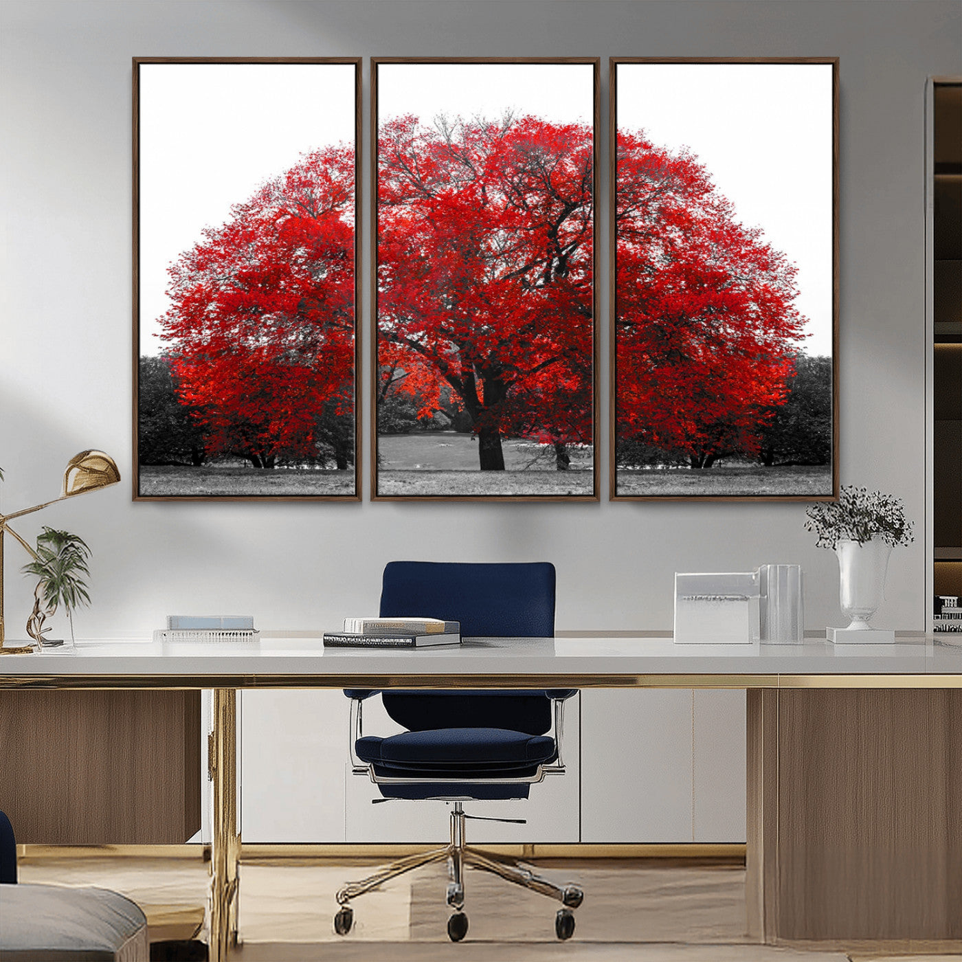 80021-MGV-CV-36X24-Red Tree Wall Art – Striking Black and White Landscape Canvas Print with Vibrant Red Leaves, Modern Nature Decor for Living Room