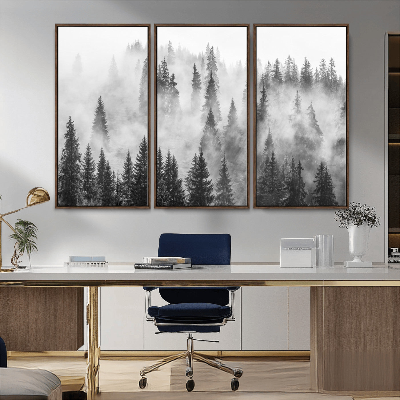 10422-MGV-CV-36X24-Misty Pine Forest Wall Art – Black and White Foggy Landscape Canvas Print, Serene Nature Woodland Decor for Bedroom, Office or