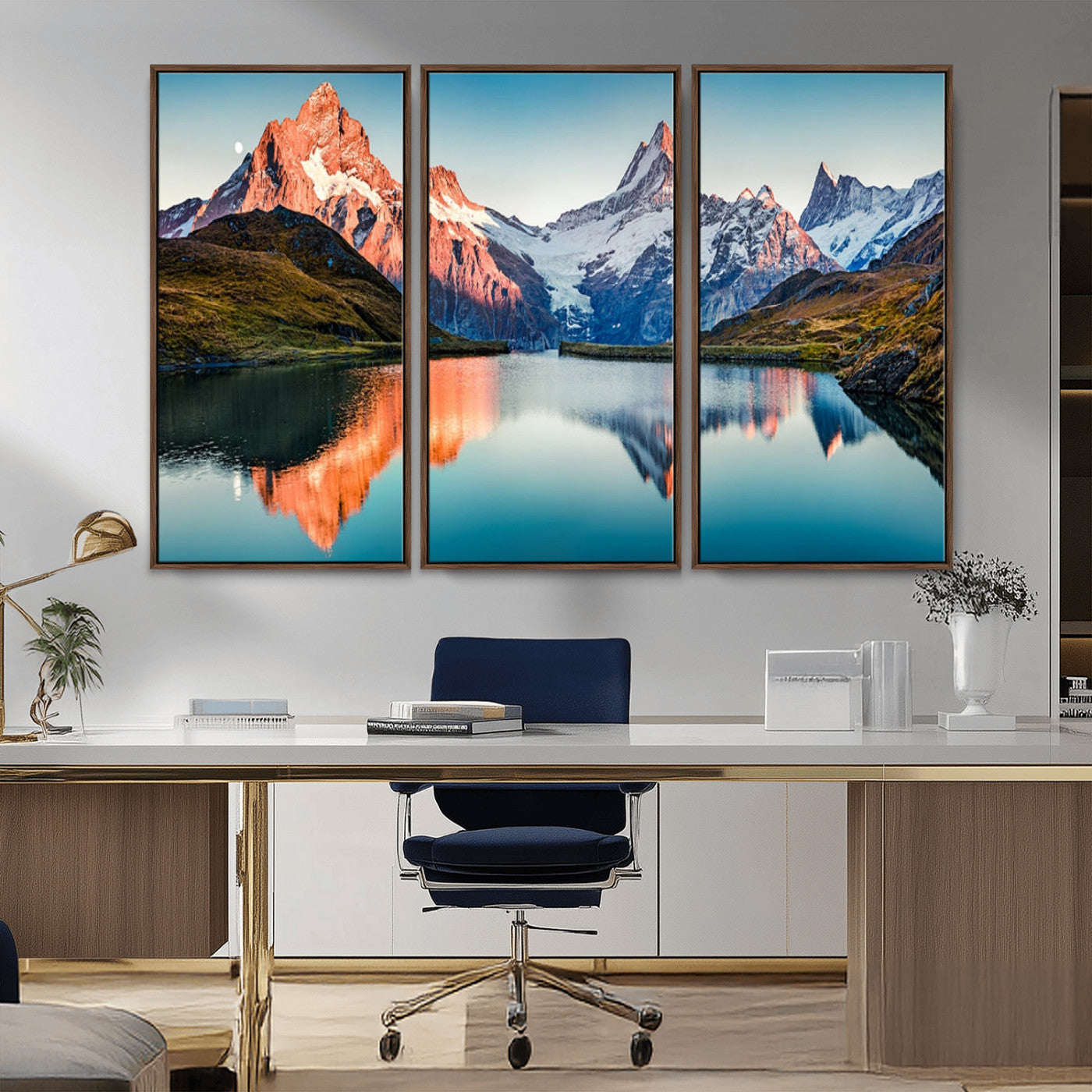 88453-MGV-CV-36X24-Mountain Lake Wall Art – Snow-Capped Peaks Reflected in Alpine Water Canvas Print, Nature Landscape Wall Decor for Living Room or