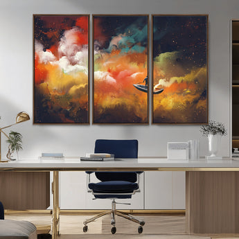 45085-MGV-CV-36X24-Surreal Cosmic Wall Art – Abstract Galaxy Dreamscape Canvas Print with Man and Dog in Boat, Fantasy Nebula Painting for Living