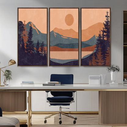 62795-MGV-CV-36X24-Minimalist Mountain Landscape Wall Art – Abstract Sunset Over Peaks and Pine Trees Canvas Print, Modern Nature Decor for Living