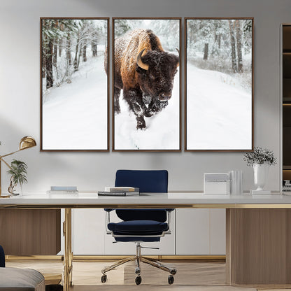 84699-MGV-CV-36X24-Bison in Winter Wall Art – Majestic Buffalo Canvas Print with Snowy Forest Landscape, Rustic Wildlife Artwork for Cabin, Living