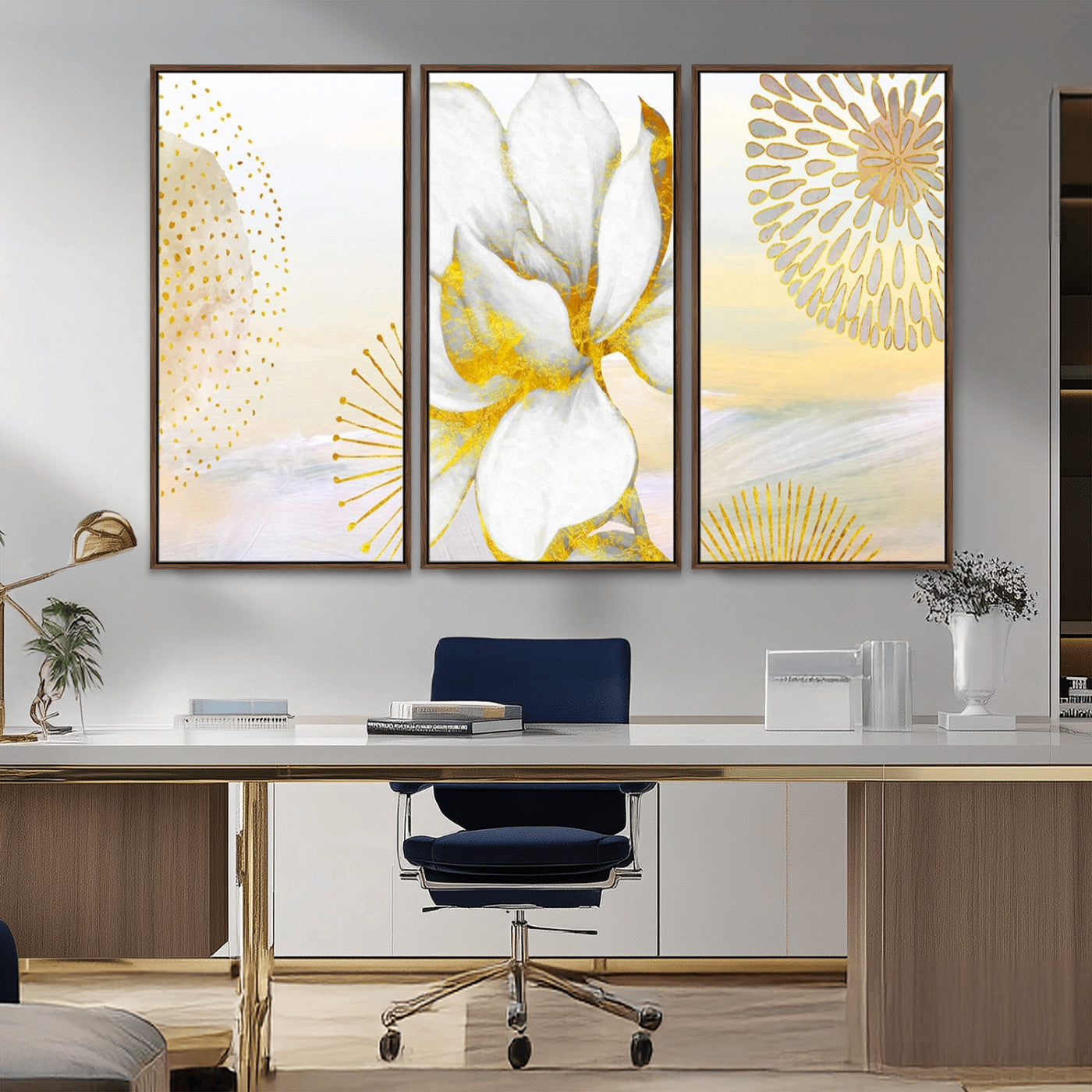 82301-MGV-CV-36X24-Modern Floral Wall Art – White Flower with Gold Detailing Canvas Print, Elegant Abstract Artwork for Living Room, Bedroom, or