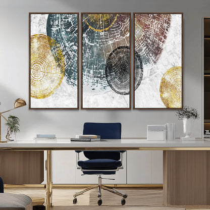 70653-MGV-CV-36X24-Abstract Tree Ring Wall Art – Modern Rustic Wood Slice Canvas Print with Gold Accents, Contemporary Nature Decor for Living Room,