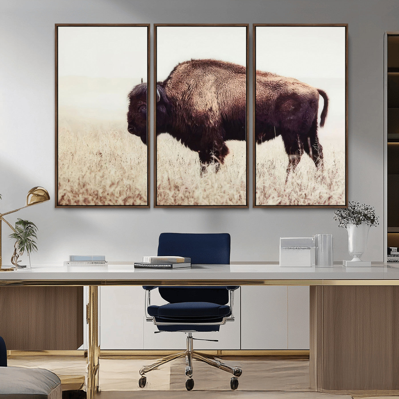 48406-MGV-CV-36X24-American Bison Wall Art – Rustic Buffalo Canvas Print in Prairie Field, Western Wildlife Photography Decor for Cabin, Lodge,
