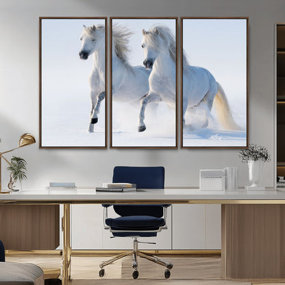 80145-MGV-CV-36X24-White Horses Running Snow Wall Art – Majestic Equine Canvas Print, Winter Nature Photography Decor for Living Room, Office,