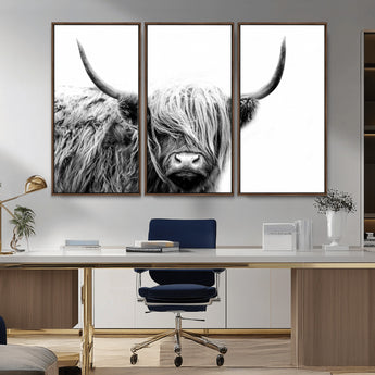 51957-MGV-CV-36X24-Highland Cow Wall Art – Black and White Scottish Highland Bull Canvas Print, Rustic Farmhouse Animal Decor for Living Room,
