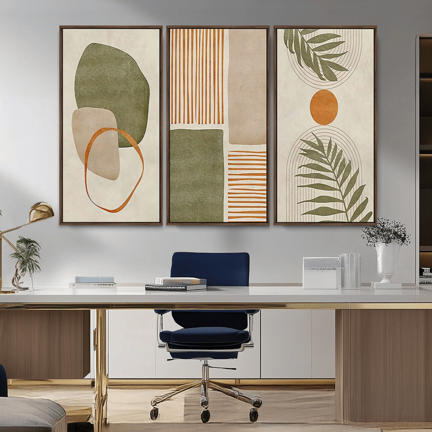 96002-MGV-CV-36X24-Abstract Geometric Wall Art – Modern Canvas Print with Green, Orange & Beige Shapes, Minimalist Home Decor for Living Room, Office