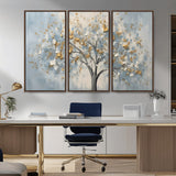 65811-MGV-CV-36X24-Abstract Tree Wall Art – Textured Canvas Painting with Gold and White Leaves, Modern Nature Inspired Decor for Living Room or