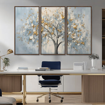 65811-MGV-CV-36X24-Abstract Tree Wall Art – Textured Canvas Painting with Gold and White Leaves, Modern Nature Inspired Decor for Living Room or