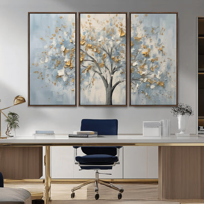 65811-MGV-CV-36X24-Abstract Tree Wall Art – Textured Canvas Painting with Gold and White Leaves, Modern Nature Inspired Decor for Living Room or