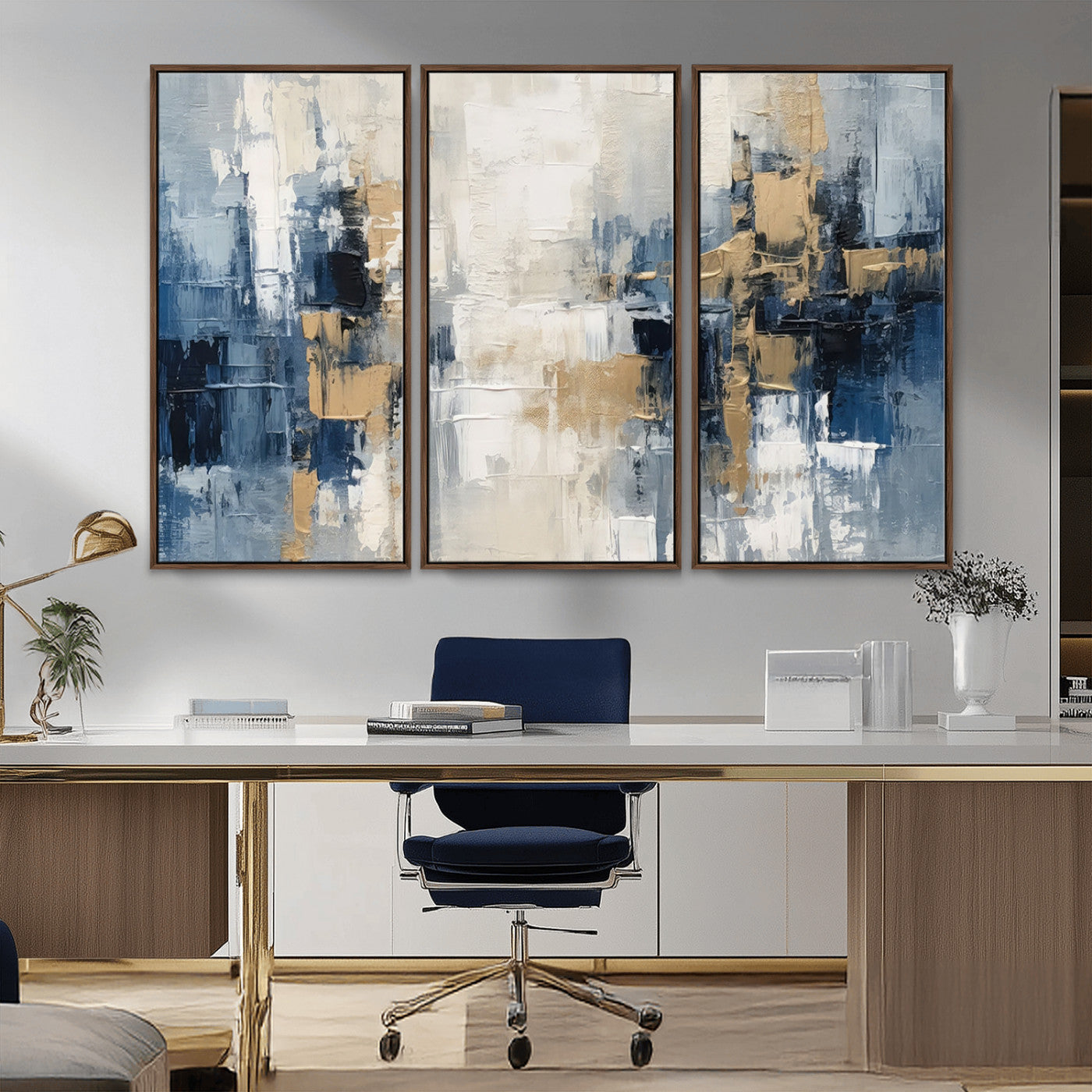 44344-MGV-FC-48X32-3P_Walnut-Abstract Blue and Gold Wall Art – Modern Hand Painted Canvas Print, Contemporary Textured Painting for Living Room, Bedroom or