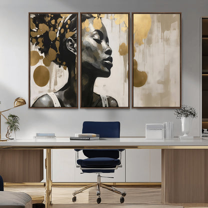 65669-MGV-CV-36X24-Elegant Black Woman Wall Art – Modern Abstract Portrait Canvas with Gold Accents, Contemporary Afrocentric Decor for Living Room