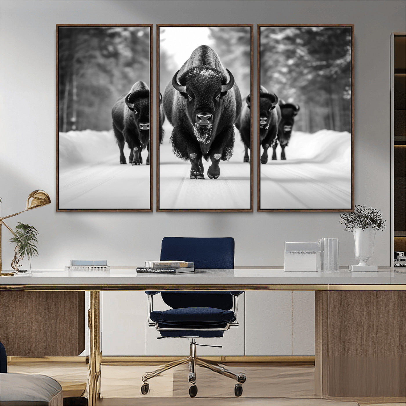45287-MGV-CV-36X24-Bison Herd Wall Art – Black and White Buffalo Snow Road Canvas Print, Rustic Wildlife Decor for Cabin, Lodge or Living Room