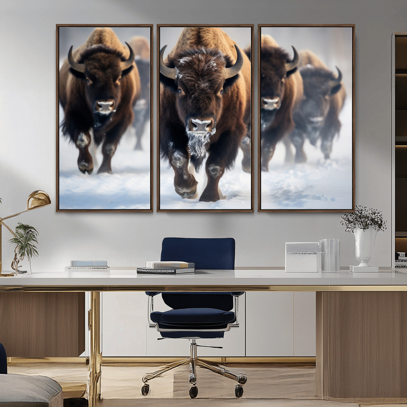 80512-MGV-CV-36X24-Bison Herd Wall Art – Buffalo Running in Snow Canvas Print, Rustic Wildlife Photography Decor for Cabin, Lodge, or Living Room