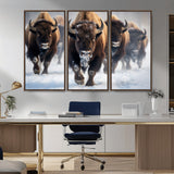 80512-MGV-CV-36X24-Bison Herd Wall Art – Buffalo Running in Snow Canvas Print, Rustic Wildlife Photography Decor for Cabin, Lodge, or Living Room