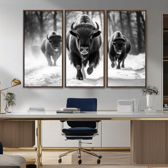 97552-MGV-CV-36X24-Black and White Bison Wall Art – Buffalo Herd Running in Snow Canvas Print, Rustic Wildlife Photography Decor for Cabin, Lodge, or