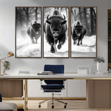 97552-MGV-CV-36X24-Black and White Bison Wall Art – Buffalo Herd Running in Snow Canvas Print, Rustic Wildlife Photography Decor for Cabin, Lodge, or