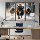 56549-MGV-CV-36X24-Wild Bison Wall Art – Majestic Buffalo Herd Running in Snow Canvas Print, Rustic Wildlife Photography Decor for Cabin, Lodge, or