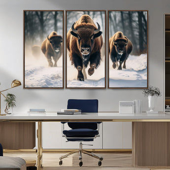 56549-MGV-CV-36X24-Wild Bison Wall Art – Majestic Buffalo Herd Running in Snow Canvas Print, Rustic Wildlife Photography Decor for Cabin, Lodge, or