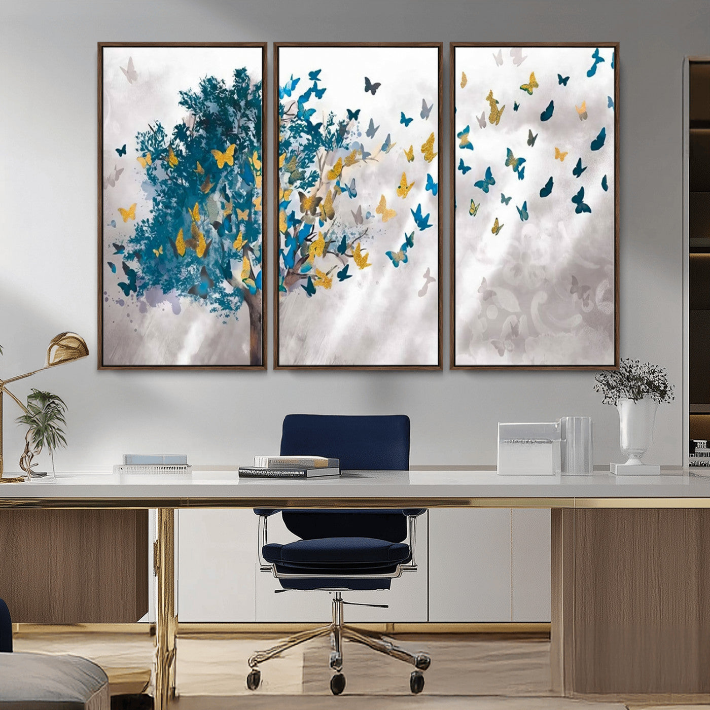 37564-MGV-CV-36X24-Butterfly Tree Wall Art – Modern Nature Canvas Print with Blue and Golden Butterflies, Elegant Decorative Painting for Living Room