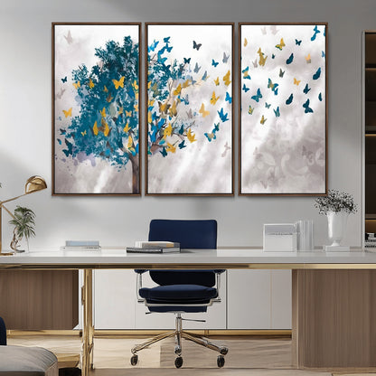 37564-MGV-CV-36X24-Butterfly Tree Wall Art – Modern Nature Canvas Print with Blue and Golden Butterflies, Elegant Decorative Painting for Living Room