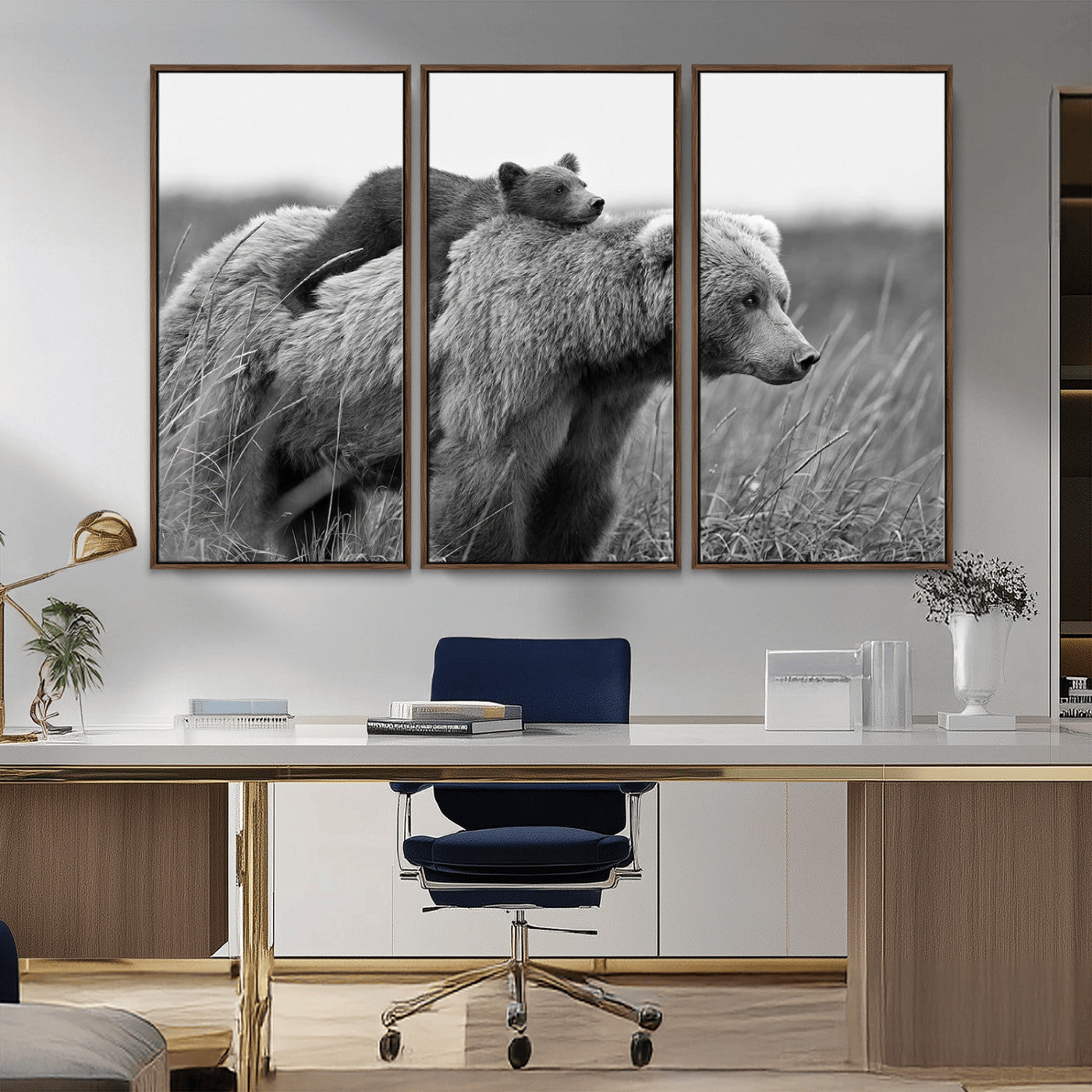76338-MGV-FC-48X32-3P_Walnut-Mother Bear and Cub Wall Art – Black and White Wildlife Canvas Print, Rustic Nature Photography for Cabin, Living Room or Office