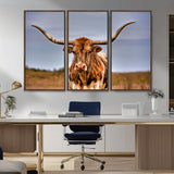 18594-MGV-FC-48X32-3P_Walnut-Texas Longhorn Bull Wall Art – Rustic Western Cattle Canvas Print, Country Farmhouse Decor for Living Room, Office or Cabin