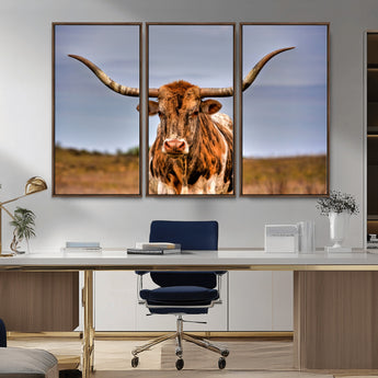 18594-MGV-FC-48X32-3P_Walnut-Texas Longhorn Bull Wall Art – Rustic Western Cattle Canvas Print, Country Farmhouse Decor for Living Room, Office or Cabin
