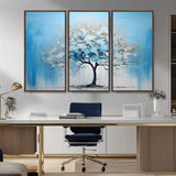 25021-MGV-CV-36X24-Abstract Tree Wall Art – Blue and White Canvas Painting with Gold Accents, Modern Nature-Inspired Artwork for Living Room, Bedroom