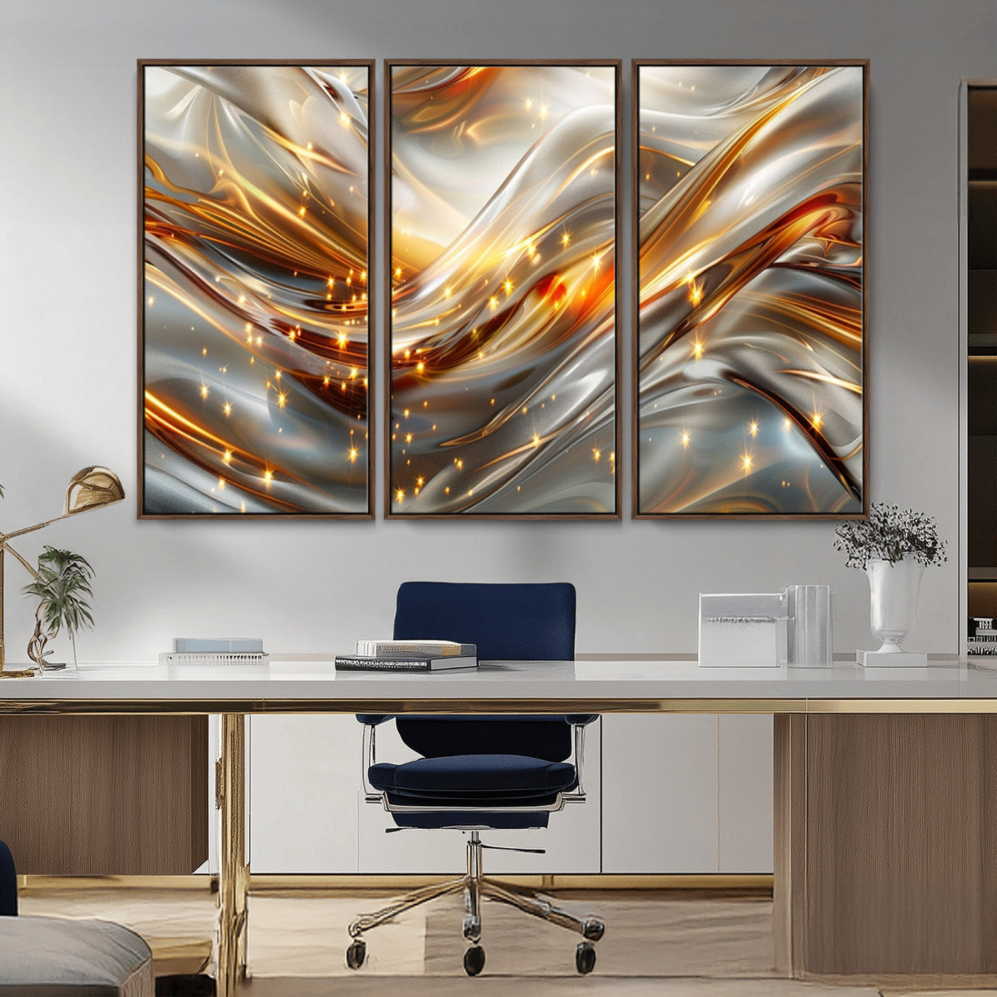 Lines1-MGV-CV-36X24-Abstract Metallic Wall Art – Silver and Gold Wave Canvas Print with Sparkling Accents, Modern Luxury Decor for Living Room, Office