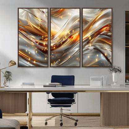 Lines1-MGV-CV-36X24-Abstract Metallic Wall Art – Silver and Gold Wave Canvas Print with Sparkling Accents, Modern Luxury Decor for Living Room, Office