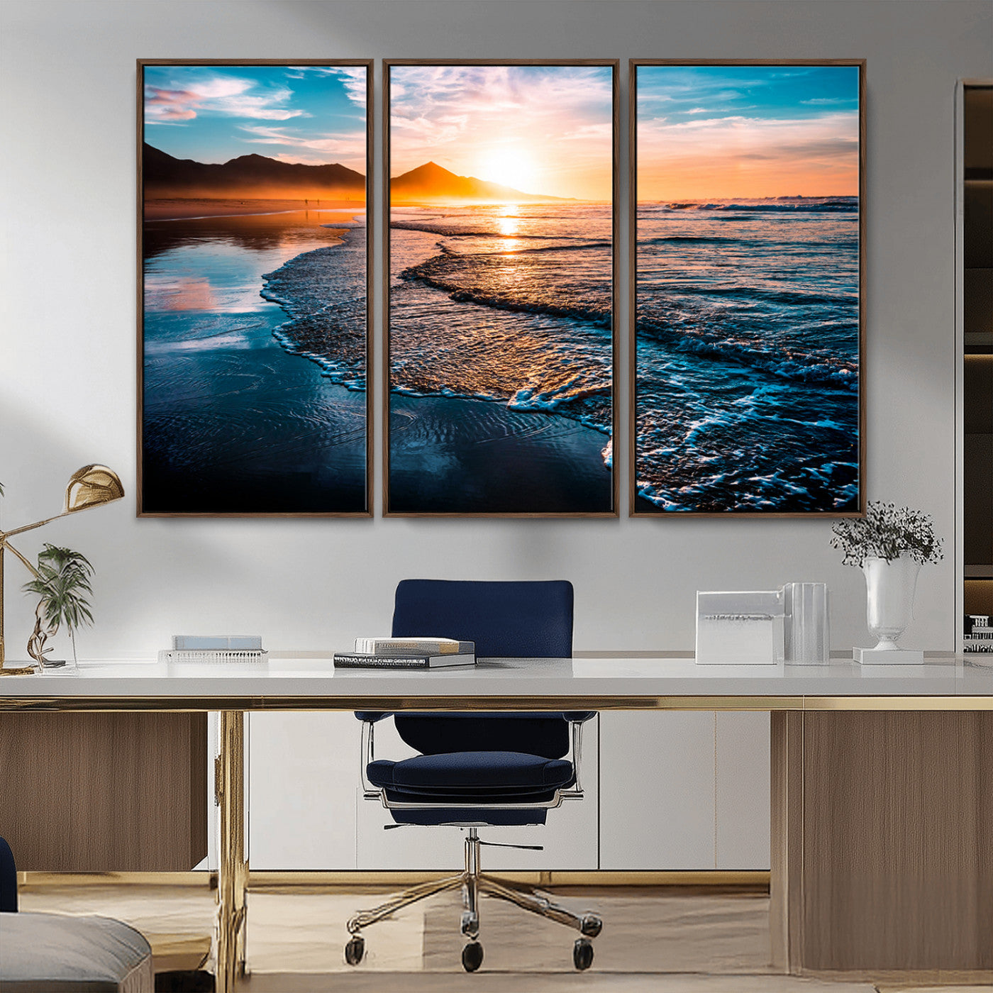 26494-MGV-CV-36X24-Ocean Sunset Wall Art – Scenic Beach Canvas Print with Waves and Mountains, Coastal Seascape Photography for Living Room, Bedroom