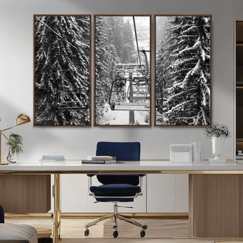 19240-MGV-CV-36X24-Ski Lift Wall Art – Black and White Winter Mountain Canvas Print, Snowy Forest Ski Resort Photography for Cabin, Lodge, Office or