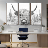94579-MGV-FC-48X32-3P_Walnut-Highland Cow Wall Art – Black and White Longhorn Canvas Print, Rustic Western Farmhouse Animal Photography for Living Room,