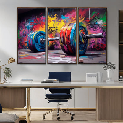 13549-MGV-CV-36X24-Graffiti Gym Wall Art Canvas Print, Framed Graffiti Barbell Art Picture Print, Weightlifting Perfect Fitness Studio Decor Artwork