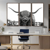 58188-MGV-CV-36X24-Highland Cow Wall Art – Black and White Rustic Farmhouse Canvas Print, Longhorn Cattle Photography Decor for Living Room or