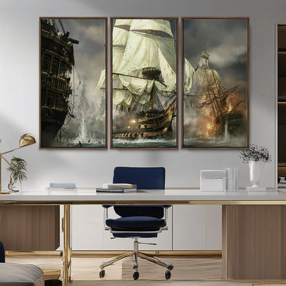 26512-MGV-CV-36X24-Naval Battle Wall Art – Dramatic Tall Ship Canvas Print, Historic Pirate Sailing War Scene, Nautical Decor for Office, Study or