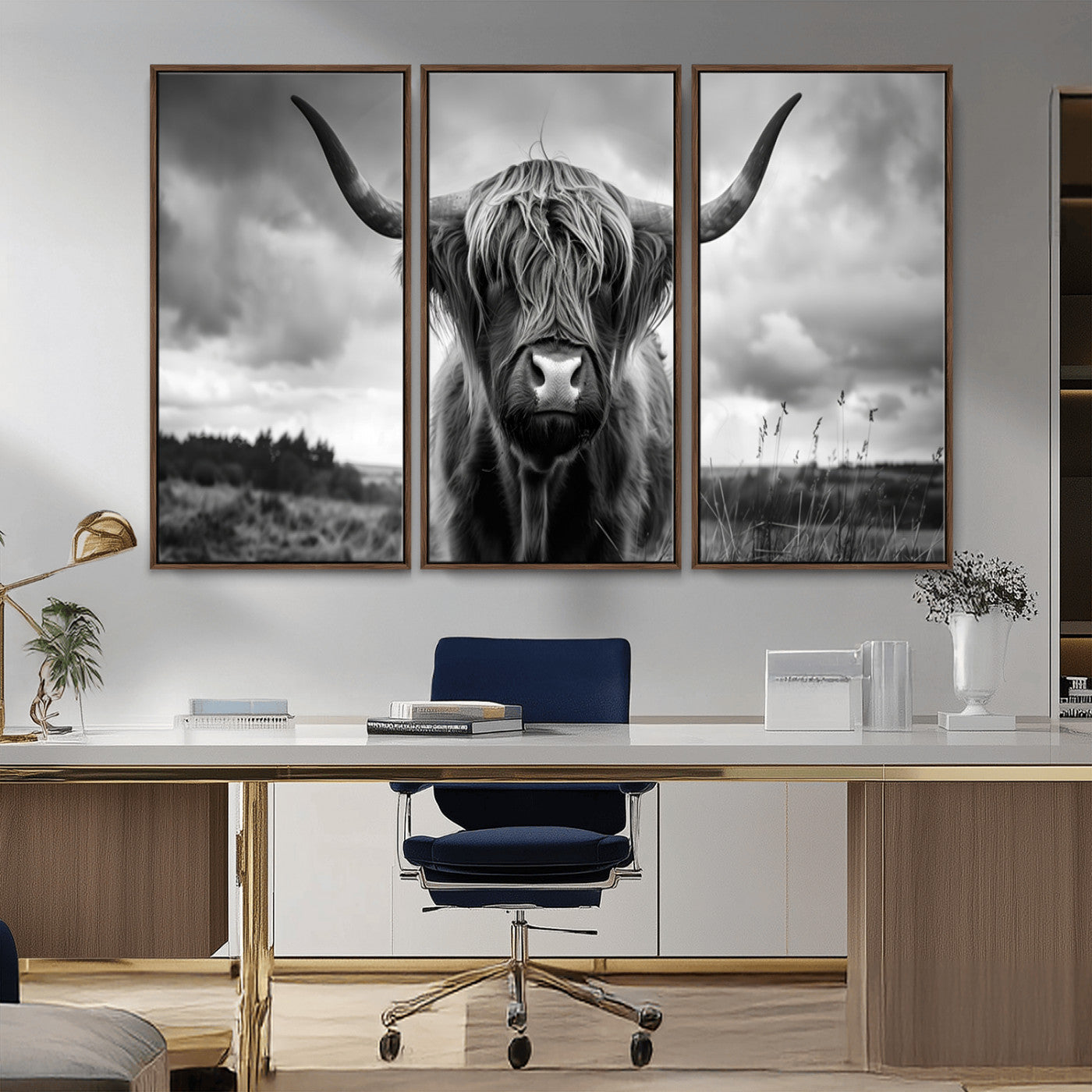 17924-MGV-CV-36X24-Highland Cow Wall Art – Black and White Rustic Longhorn Cattle Canvas Print, Farmhouse Animal Photography Decor for Country Home