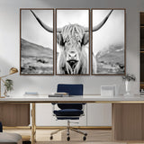 80564-MGV-CV-36X24-Highland Cow Wall Art – Black and White Scottish Highland Canvas Print, Rustic Farmhouse Decor for Living Room, Bedroom or Office